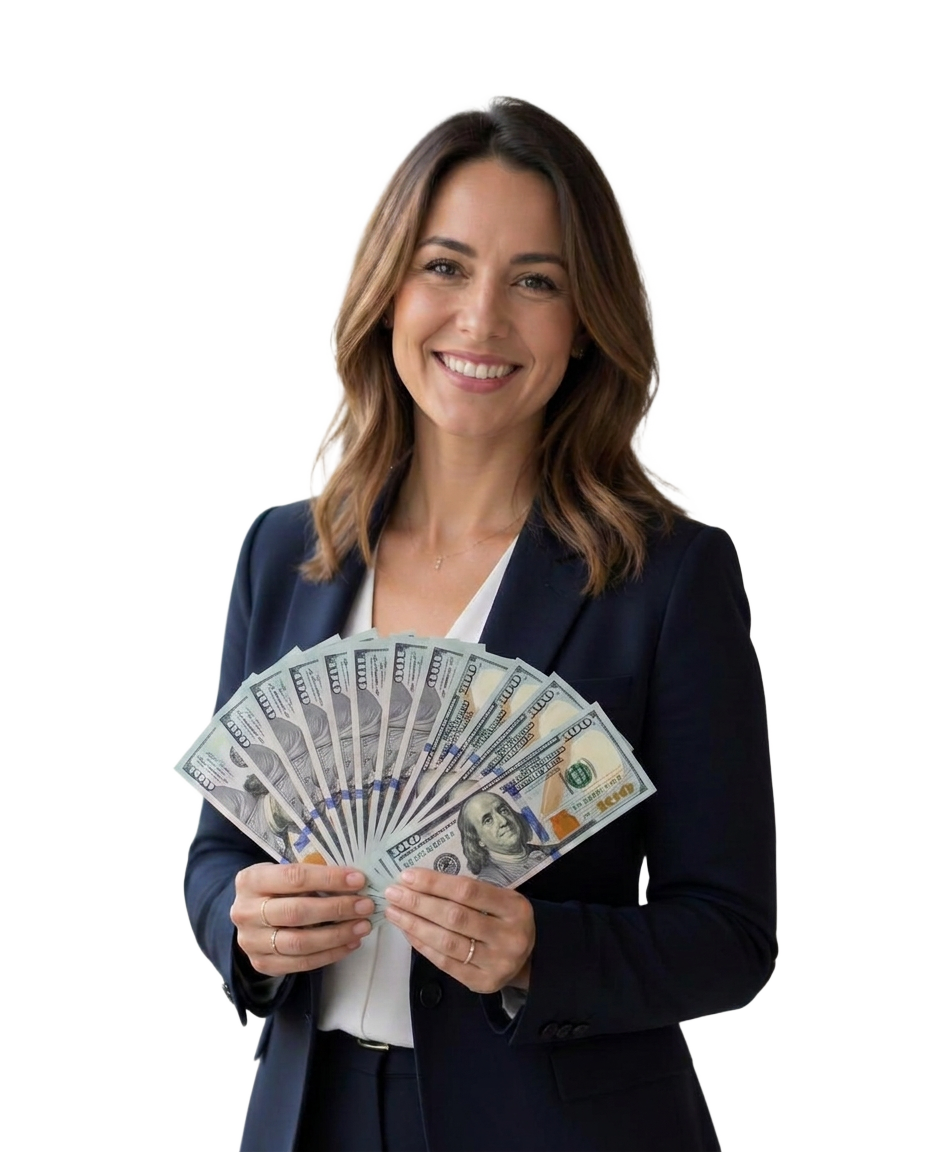 Smiling professional in a navy blazer holding a fan of cash from a referral payout
